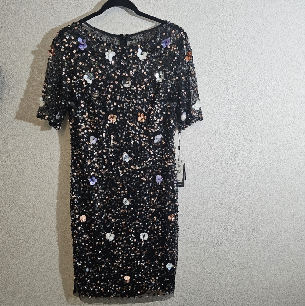 Adrianna Papell NWT Dress 8 Black 3D Floral Sheath Dress $249 - Picture 7 of 14